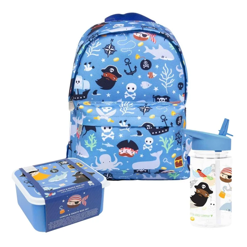 Pack Vuelta al Cole PIRATAS: Mochila + Botella Tritán + Set de 4 Cajas de Almuerzo A Little Lovely Company
