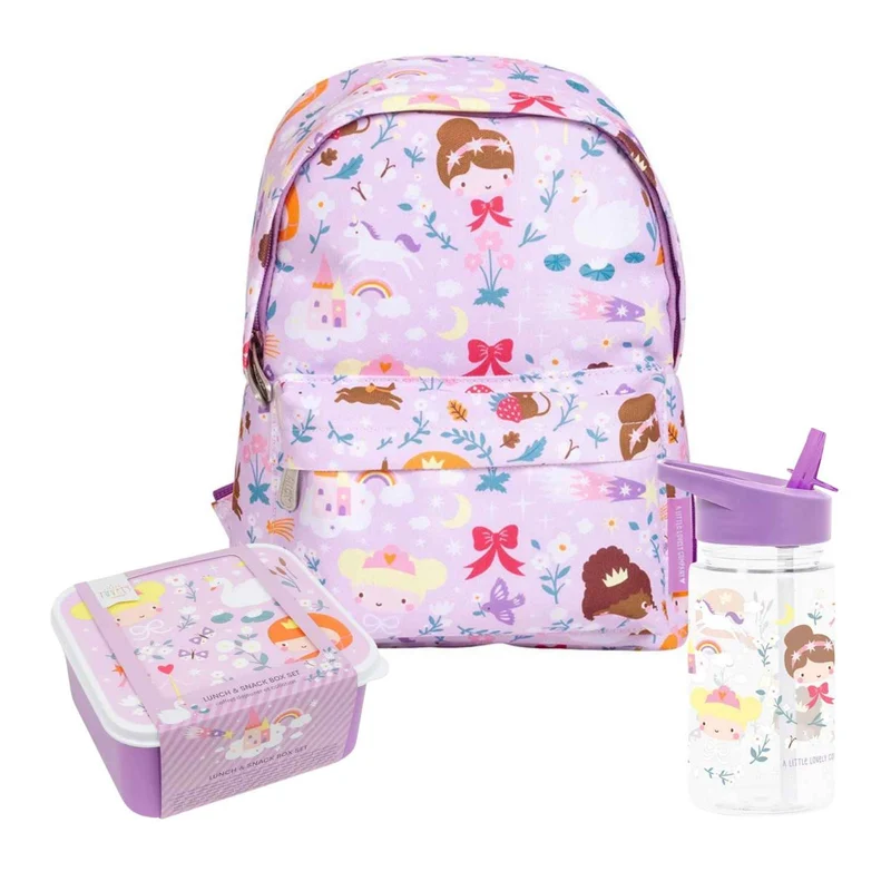Pack Vuelta al Cole PRINCESAS: Mochila + Botella Tritán + Set de 4 Cajas de Almuerzo A Little Lovely Company