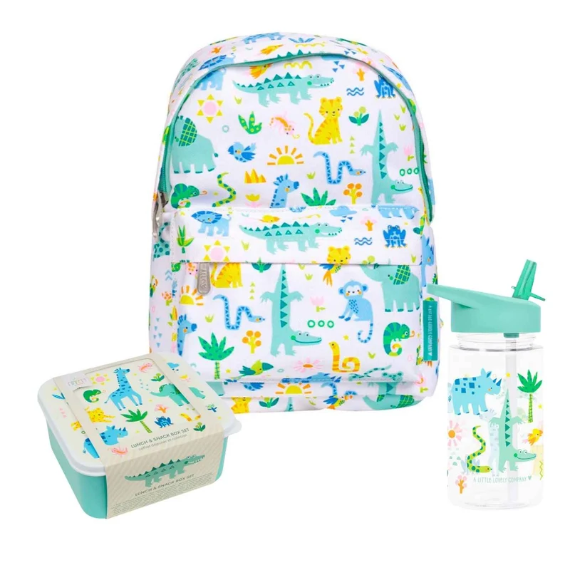 Pack Vuelta al Cole JUNGLE: Mochila + Botella Tritán + Set de 4 Cajas de Almuerzo A Little Lovely Company