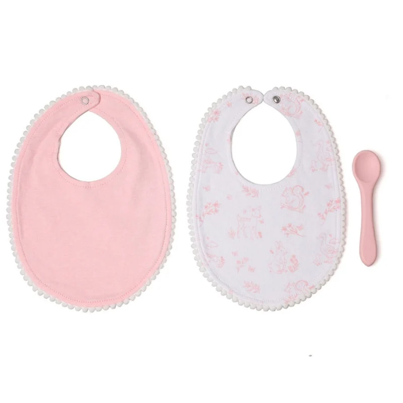Set 2 baberos de algodón y cuchara blandita animales selva ROSA