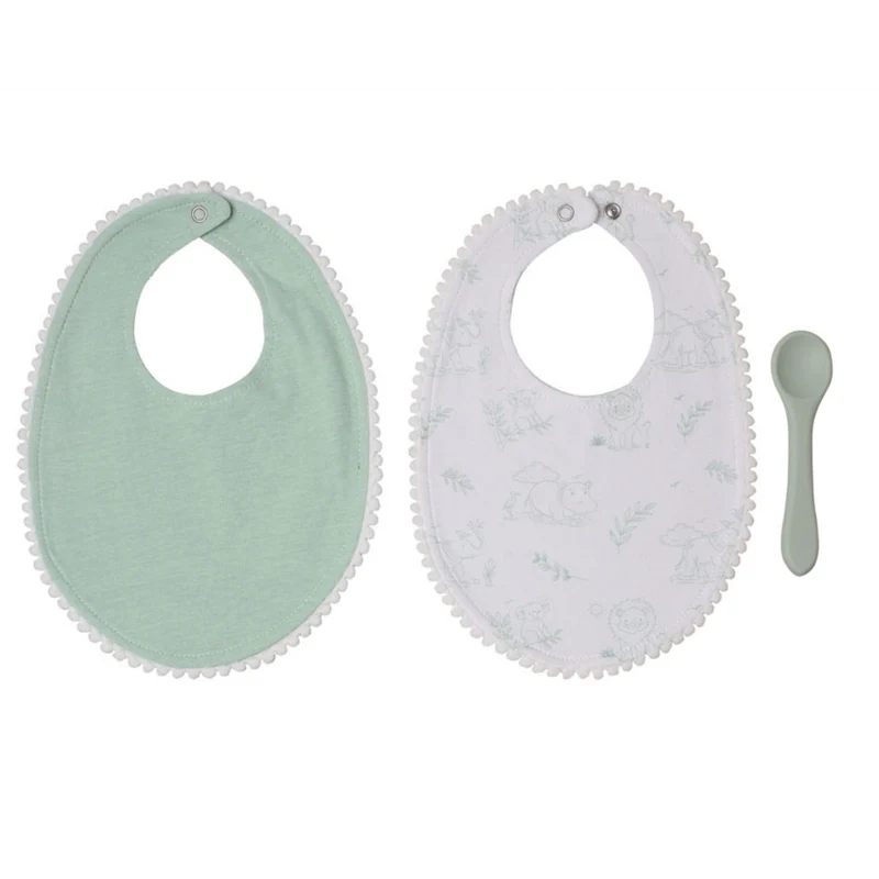 Set 2 baberos de algodón y cuchara blandita animales selva VERDE