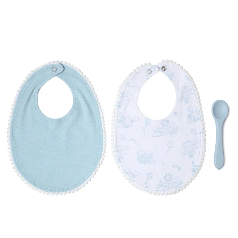 Set 2 baberos de algodón y cuchara blandita aviones AZUL