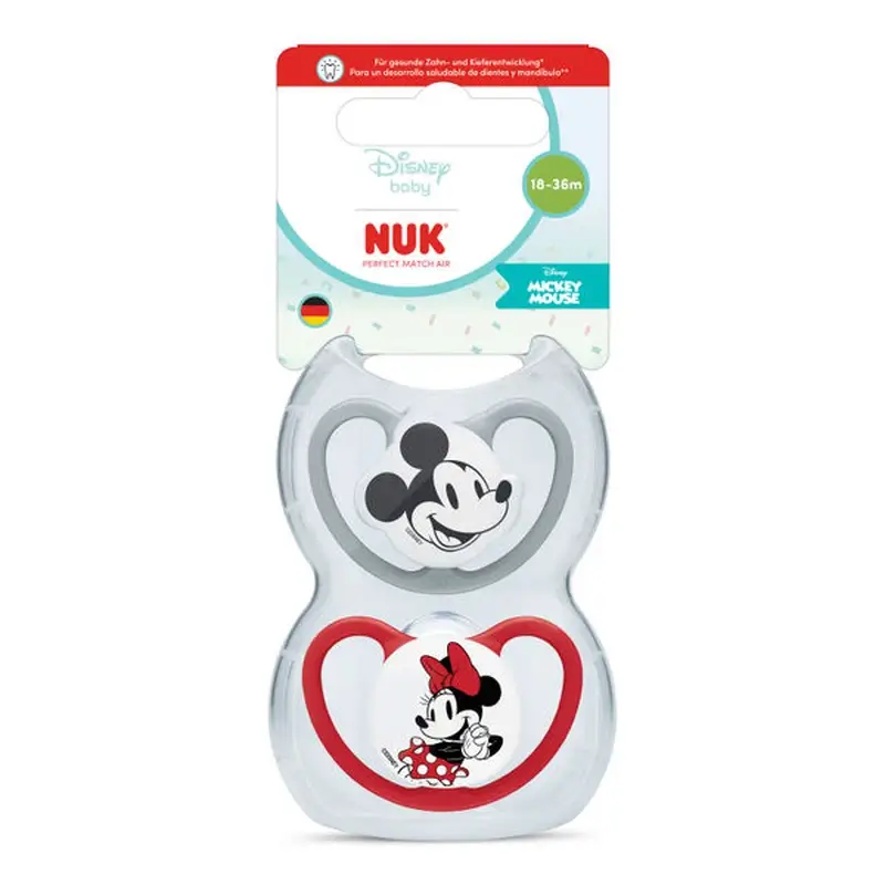 NUK Perfect Match Air Chupete Silicona T3 18-36m Mickey Mouse Rojo/Gris, 2 uds