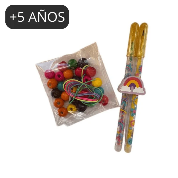 Bolsita de cumple dos lapiceros apilables arcoiris y kit pulseras de madera