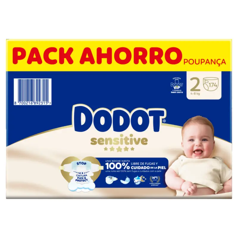 Dodot Sensitive Talla 2, Pañales, 4Kg-8Kg , 174 uds
