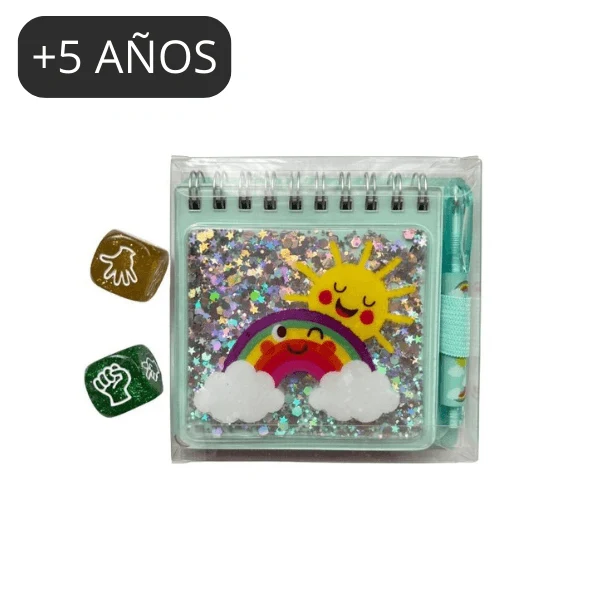 Bolsita de cumple libreta fantasía con mini bolígrafo y Dados Piedra papel o tijera