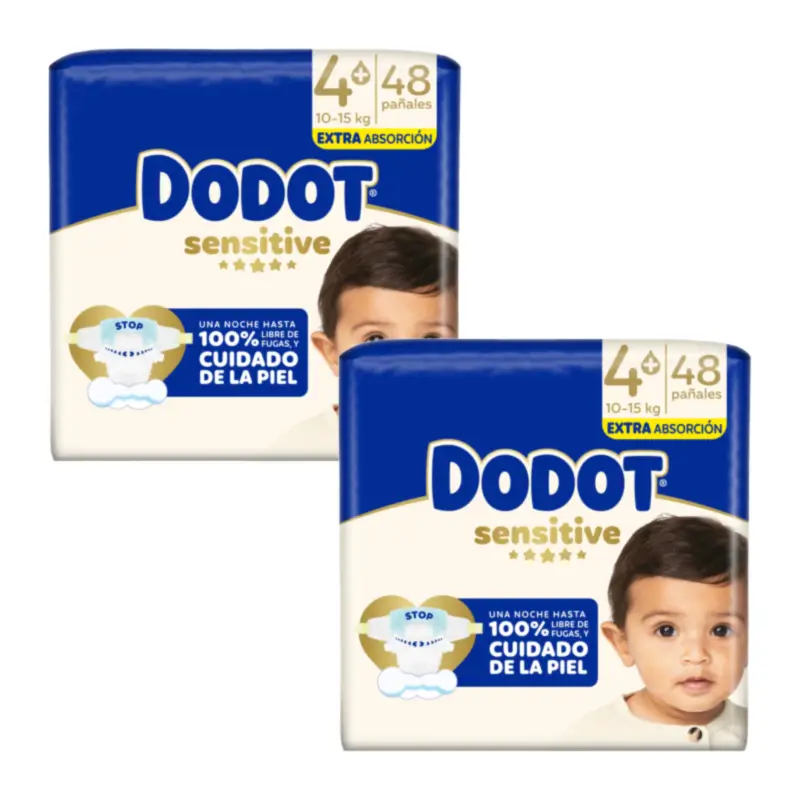 Dodot Sensitive Pañales Extra Absorción 10-15 kg Talla 4+, Pack 2 x 48 Unidades