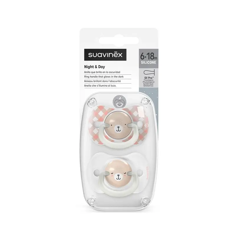 Suavinex Chupetes Nocturnos Night & Day Tetina Sx Pro 6/18 Meses Rosa, 2 unidades