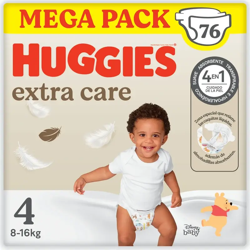 Huggies Extra Care Talla 4 (8-16 Kg) Pañal Para Bebé Disney , 76 unidades