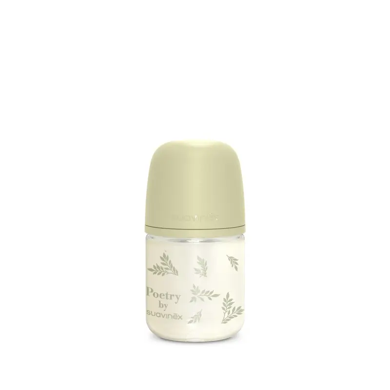 Suavinex Biberón Vidrio 120 Ml, Flujo Lento (S), +0 Meses, Poetry Verde
