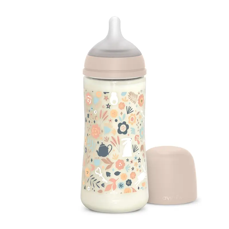 Suavinex Biberón 360 Ml, Flujo Denso (L), +6 Meses, Wonderland Flores Rosa