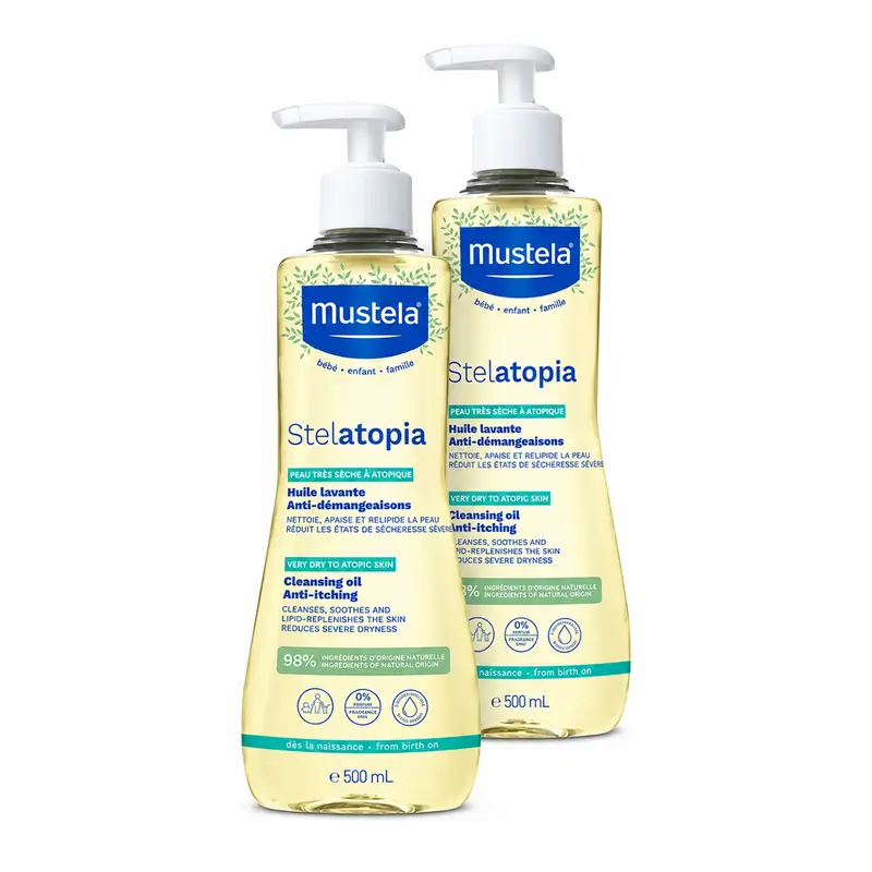 Mustela Stelatopia Aceite de Baño y Ducha, Pack 2 x 500 ml