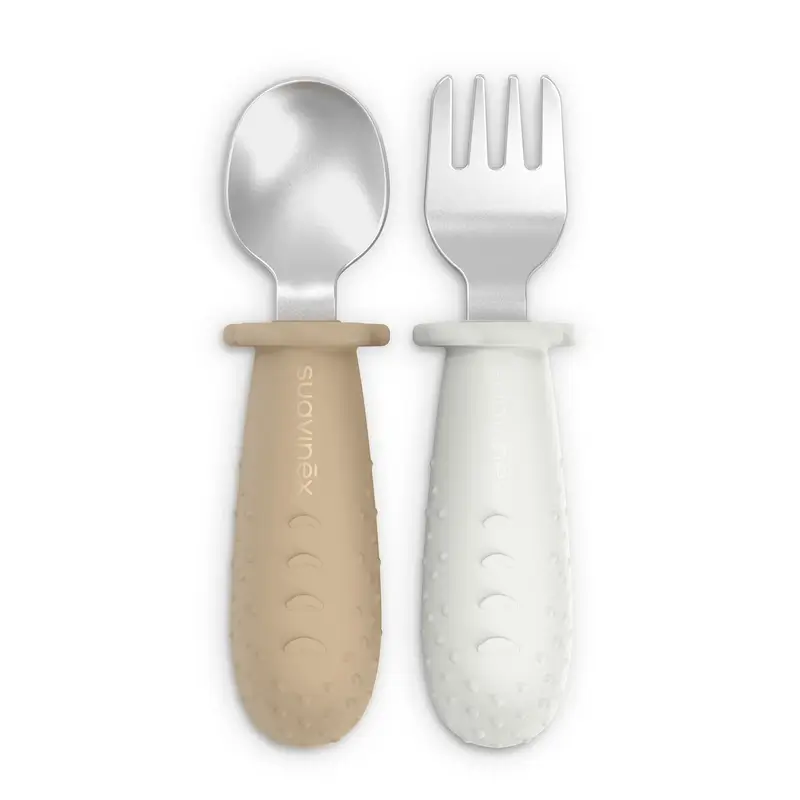 Suavinex Cubiertos Aprendizaje Acero Inoxidable, +6 Meses, Beige