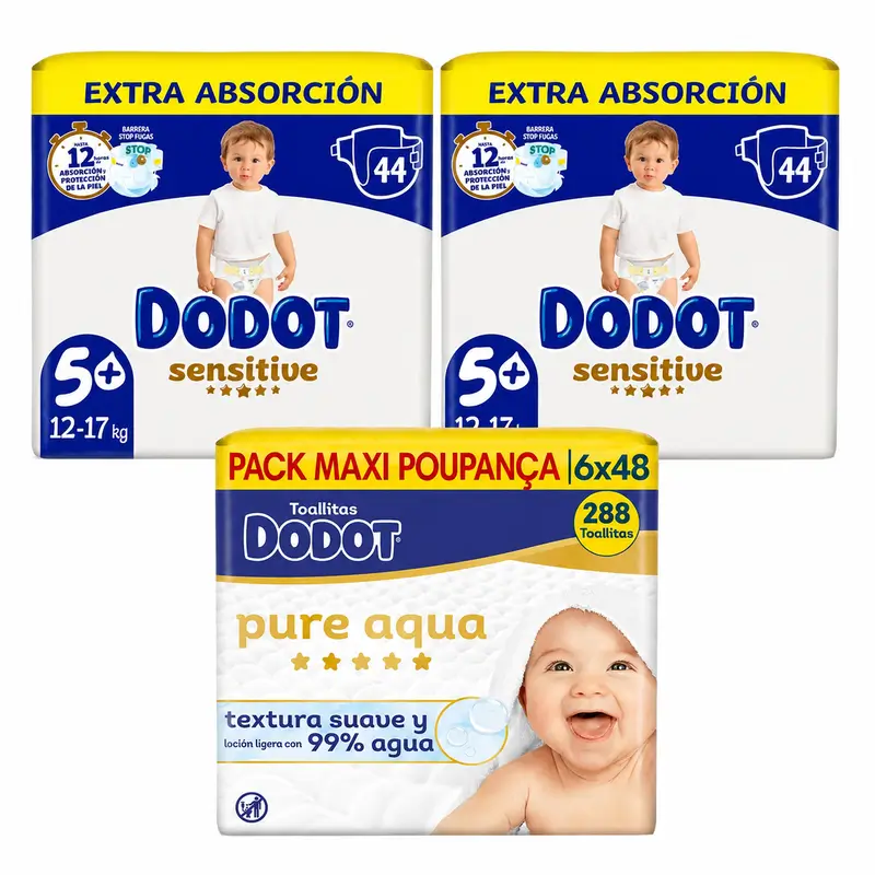 Dodot Sensitive Extra Jumbo Talla 5, 88 Pañales + Dodot Pure Aqua 288 Toallitas