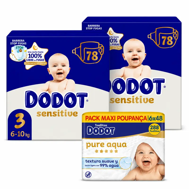 Dodot Sensitive Talla 3, 6kg-10kg, 156 Pañales + Dodot Pure Aqua 288 Toallitas
