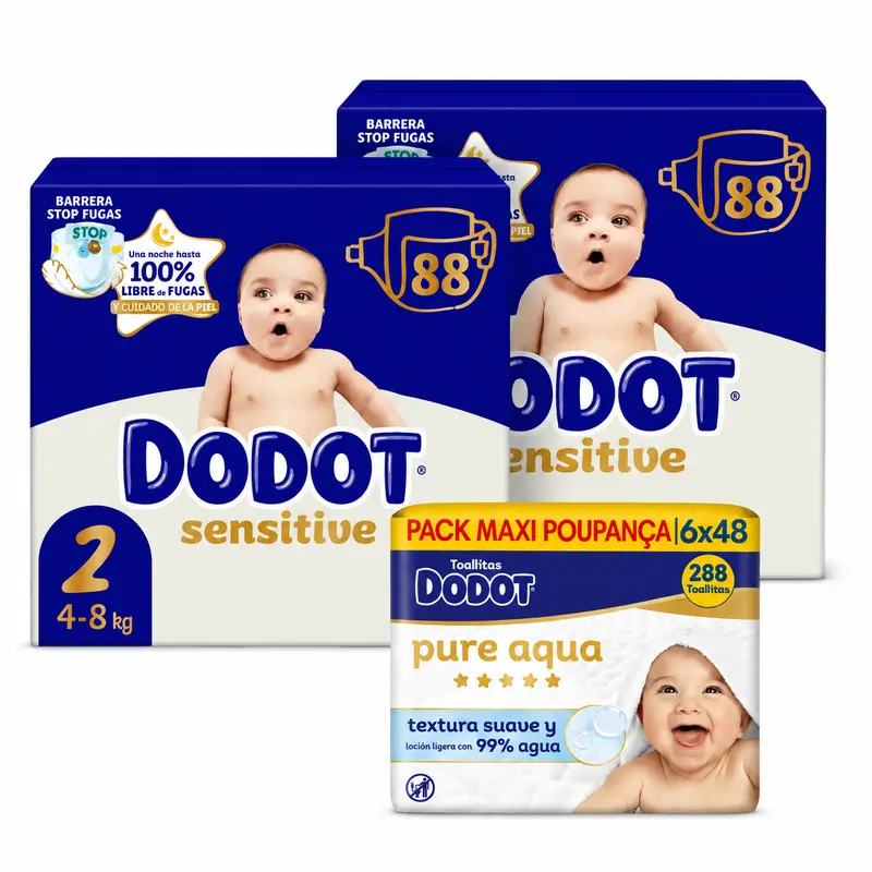 Dodot Sensitive Talla 2, 4kg-8kg, 176 Pañales + Dodot Pure Aqua 288 Toallitas