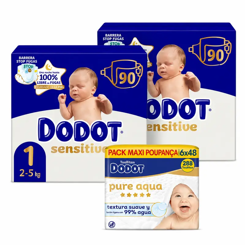 Dodot Sensitive Talla 1, 2kg-5kg, 180 Pañales + Dodot Pure Aqua 288 Toallitas
