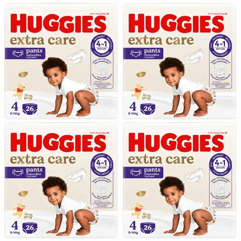 Huggies Extra Care Talla 4 (9-14 Kg) Pañal Braguita Para Bebé Disney , 26 Unidades, pack 4