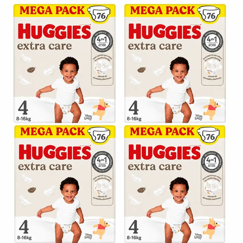 Huggies Extra Care Talla 4 (8-16 Kg) Pañal Para Bebé Disney , 76 unidades, pack 4