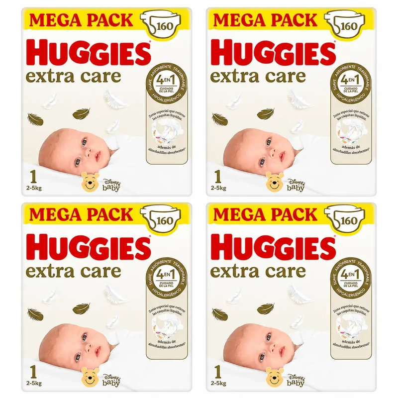 Huggies Extra Care Talla 1 (2-5 Kg) Pañal Para Bebé Disney , 160 Unidades, pack 4