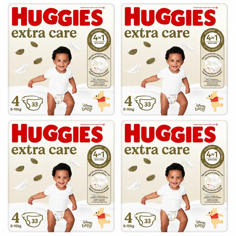 Huggies Extra Care Talla 4 (8-16 Kg) Pañal Para Bebé Disney, 33 unidades, pack 4