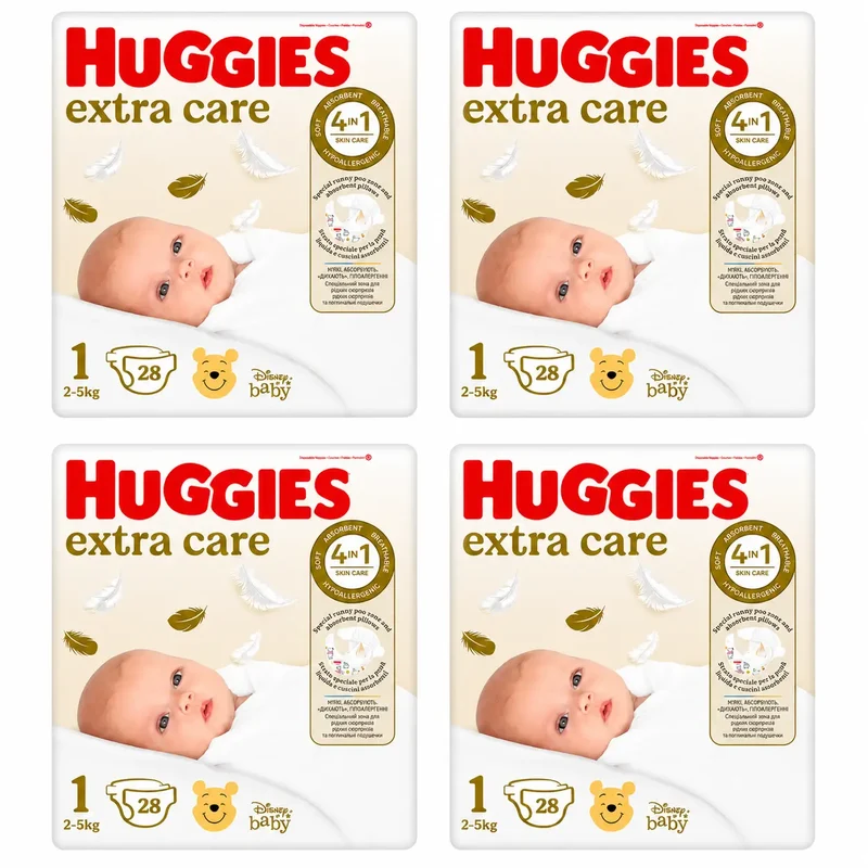 Huggies Extra Care Talla 1 (2-5 Kg) Pañal Para Bebé Disney, 28 unidades, pack 4