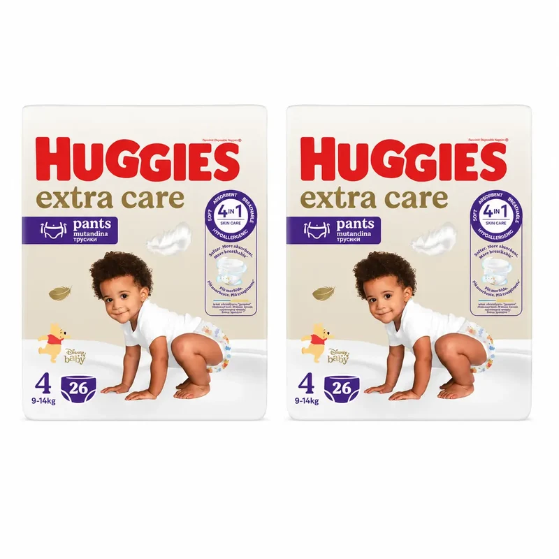 Huggies Extra Care Talla 4 (9-14 Kg) Pañal Braguita Para Bebé Disney , 26 Unidades, pack 2