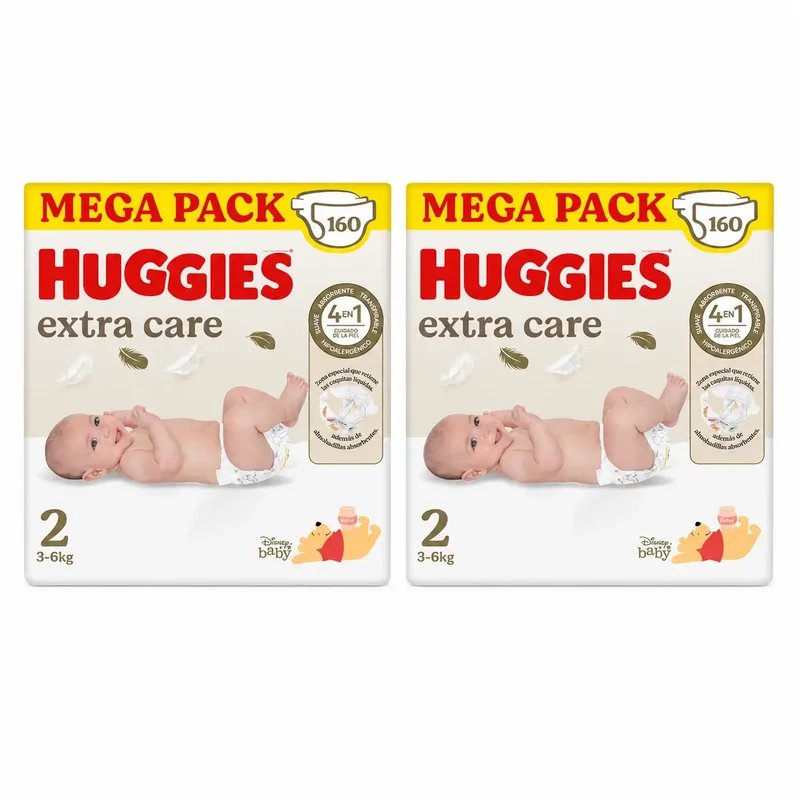 Huggies Extra Care Talla 2 (3-6 Kg) Pañal Para Bebé Disney , 160 Unidades, pack 2