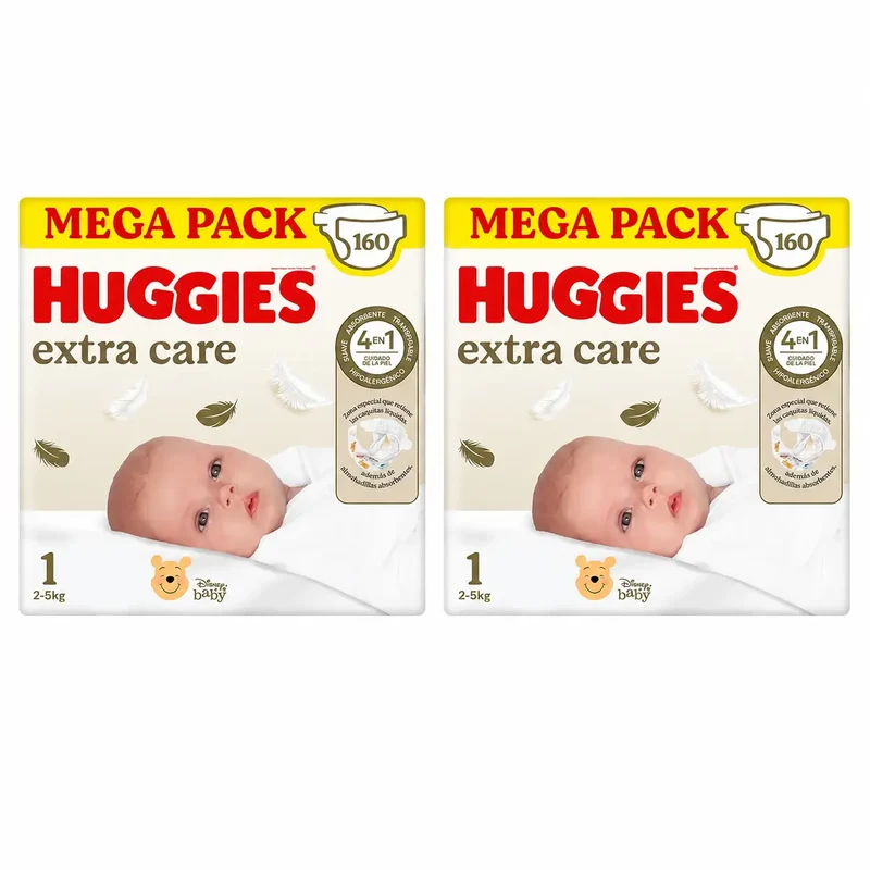 Huggies Extra Care Talla 1 (2-5 Kg) Pañal Para Bebé Disney , 160 Unidades, pack 2